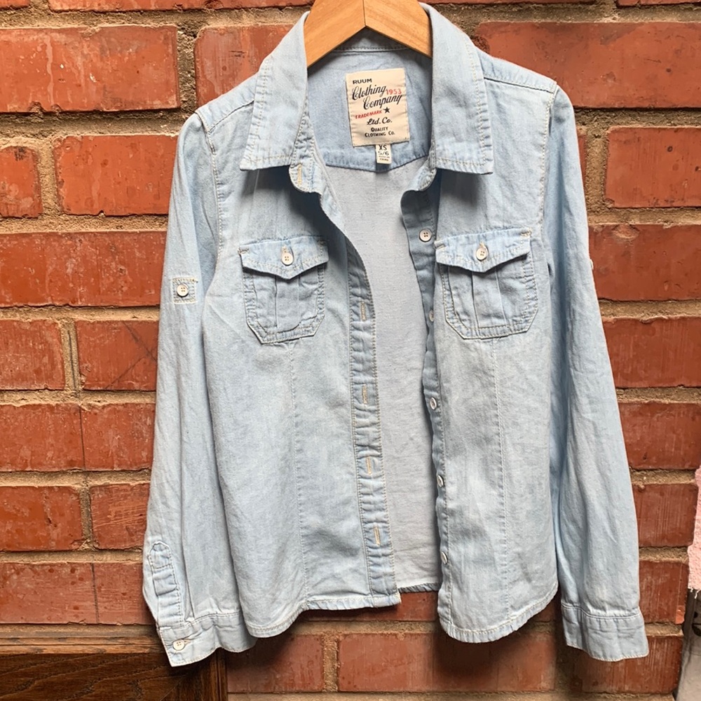 Ruum western style vintage light denim long sleeve button down for kids